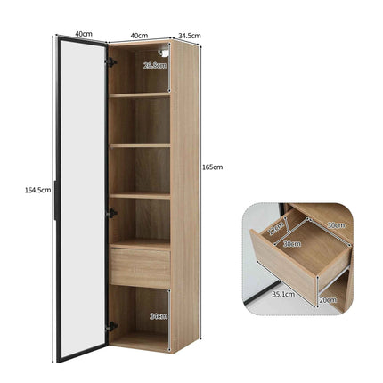 Lazyspace 5-Layer Bathroom Cabinet with LED Light Strip, Wooden Bathroom Shelf with 1 Drawers and 1 Glass Door