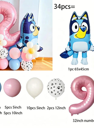 Set di Palloncini per il 2° Compleanno di Bluey, Palloncino in Foil Numero 2 Rosa, Decorazioni per Feste con Cane Blu, Fiori e Zampe, Kit per Sfondo Fotografico per Bambini