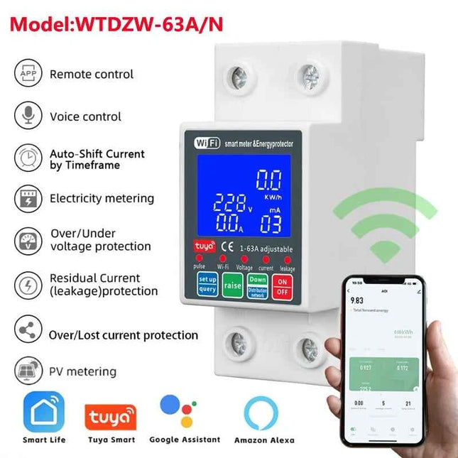 63A 230V WiFi Tuya Smart Earth Leakage Over Under Voltage Protector Relay Device Switch Smart Circuit Breaker APP Control
