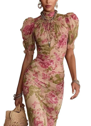 Abito da Sera Lungo Elegante con Stampa Floreale, Maniche Corte in Rete, Versatile, Stile Sirena, Aderente, Sexy con Inserti in Pizzo