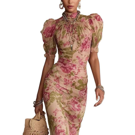 Abito da Sera Lungo Elegante con Stampa Floreale, Maniche Corte in Rete, Versatile, Stile Sirena, Aderente, Sexy con Inserti in Pizzo