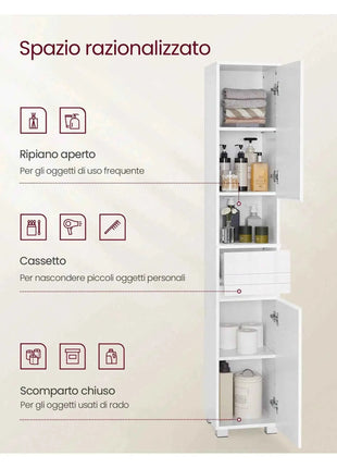 VASAGLE Tall Bathroom Cabinet, Slim Storage, Narrow Cupboard, Drawer, Adjustable Shelves, 30 x 30 x 170 cm, White