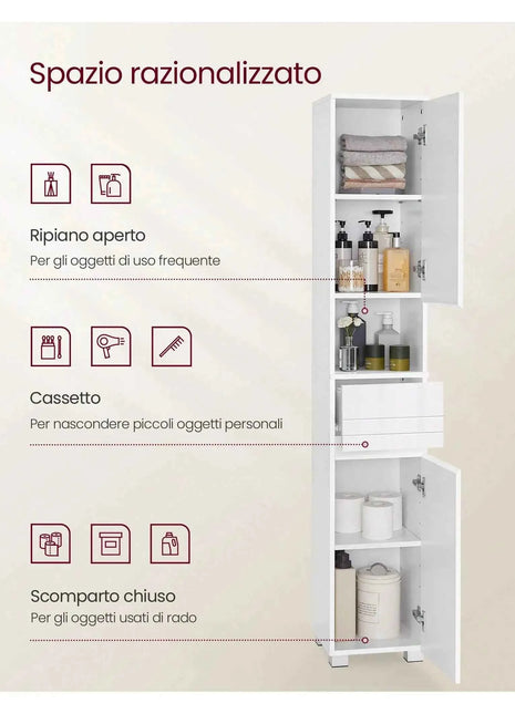 VASAGLE Tall Bathroom Cabinet, Slim Storage, Narrow Cupboard, Drawer, Adjustable Shelves, 30 x 30 x 170 cm, White