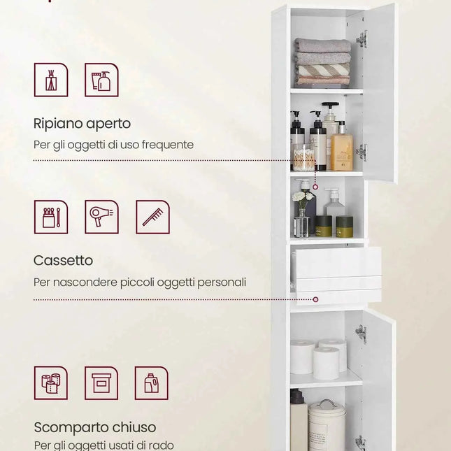 VASAGLE Tall Bathroom Cabinet, Slim Storage, Narrow Cupboard, Drawer, Adjustable Shelves, 30 x 30 x 170 cm, White
