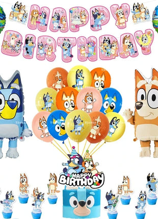 Palloncini Bluey Bingo Party Buon compleanno Banner Cane blu Palloncini Sfondo Adesivi Decorazione Cake Topper Stoviglie usa e getta