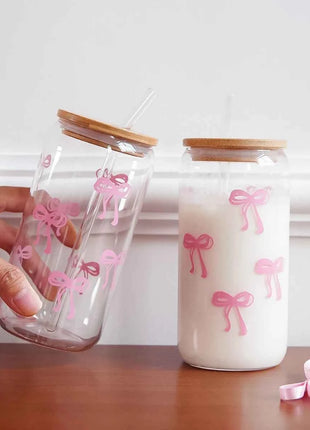 Set Bicchieri in Vetro con Fiocco Coperchio e Cannuccia per Casa Picnic Colazione e Feste