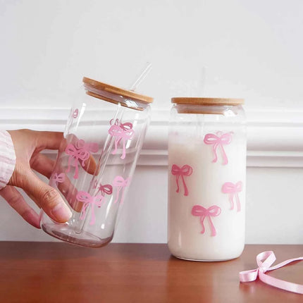 Set Bicchieri in Vetro con Fiocco Coperchio e Cannuccia per Casa Picnic Colazione e Feste