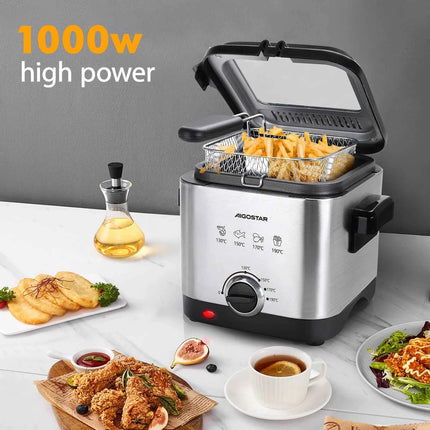 Aigostar Fries 30IZD 1.5L Compact Fryer Stainless Steel 1000 Watt with Viewing Window, Temperature Control, Exclusive Design