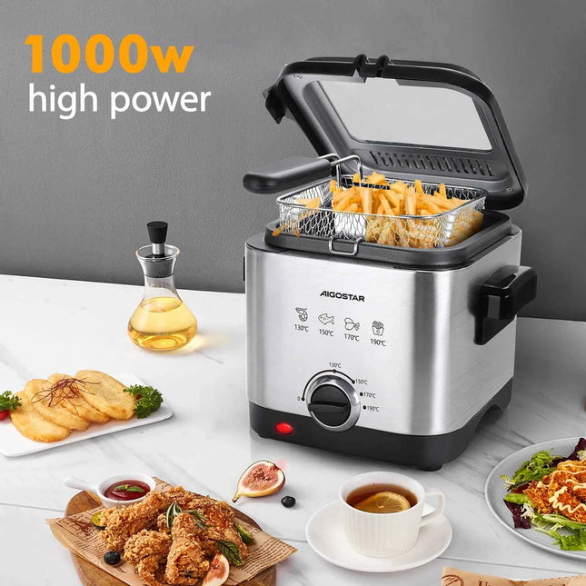 Aigostar Fries 30IZD 1.5L Compact Fryer Stainless Steel 1000 Watt with Viewing Window, Temperature Control, Exclusive Design