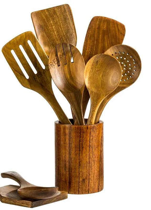 Set 9 Cucchiai e Utensili da Cucina in Legno di Teak con Porta Utensili Incluso
