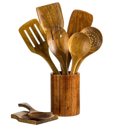 Set 9 Cucchiai e Utensili da Cucina in Legno di Teak con Porta Utensili Incluso