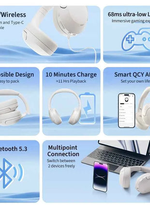 QCY H3 Lite ANC Wireless/Wired Headphones Bluetooth 5.3 Foldable Over Ear Headset HIFI Sound 60H Playtime Earphones Dual Connect