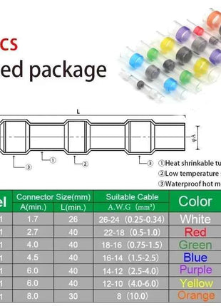 50PCS Heat Shrinkable Wire Connectors SST21 Waterproof Sleeve AWG22-18 Butt Electrical Splice Tinned Solder Seal Terminal