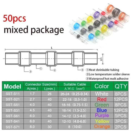 50PCS Heat Shrinkable Wire Connectors SST21 Waterproof Sleeve AWG22-18 Butt Electrical Splice Tinned Solder Seal Terminal