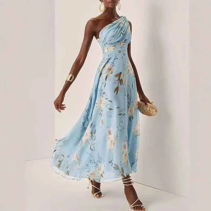 Abito Lungo in Chiffon con Stampa Floreale Francese, Vestito Boho Sexy Monospalla a Vita Alta per Donna, Abito Estivo Senza Maniche per Vacanze