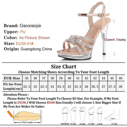 Sandali con plateau con tacco alto con glitter di cristallo da 12 cm per donna Scarpe da sposa trasparenti antiscivolo Calzature da prestazione modello femminile
