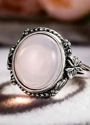 Anello Huitan con Foglia Incisa Stile Fresco per Donna, Imitazione Pietra di Luna, Elegante per Matrimoni e Feste, Accessorio Trendy, Gioiello Versatile