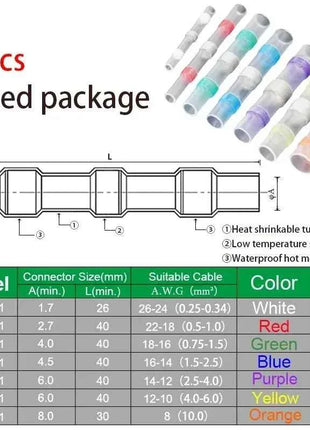 50PCS Heat Shrinkable Wire Connectors SST21 Waterproof Sleeve AWG22-18 Butt Electrical Splice Tinned Solder Seal Terminal