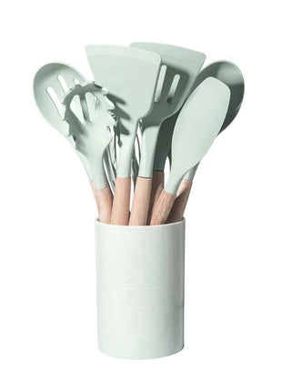 12pcs Set of Multi-color Silicone Wooden Handle Kitchenware Set Non Stick Pot Spatula and Spoon Cooking Utensils, Heat-resistant