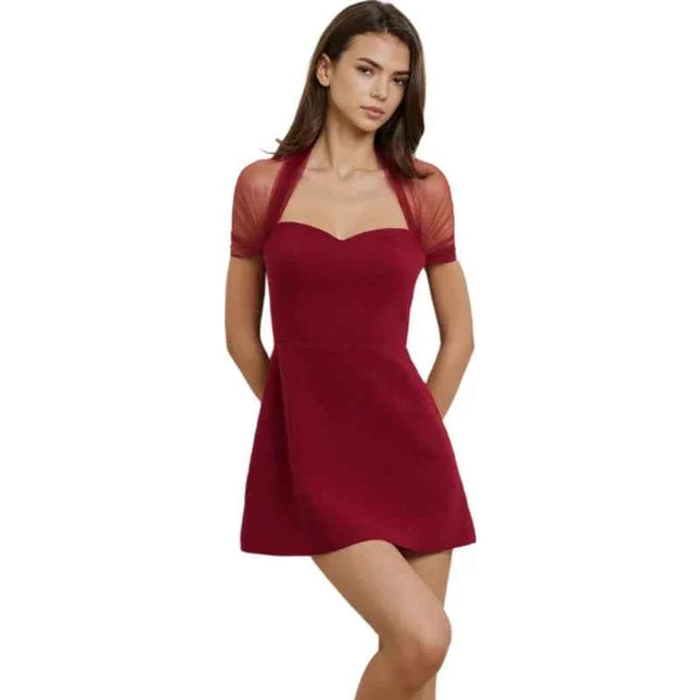Abito Mini Elegante con Scollo a Cuore e Sciarpa in Tulle, Vestito Aderente Sexy per Feste di Compleanno, Cene, Lauree e Balli di Gala