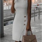 Abito corto da donna bianco elegante con bretelle con scollo tondo e gonna sexy aderente che abbraccia i fianchi Mini abito con bottoni a nastro puro Nuovo