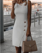 Elegant white women's short dress with round neck straps and a sexy hip-hugging fitted skirt. New sheer ribbon button mini dress.