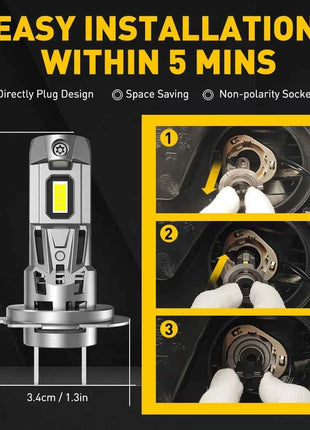 AUXITO 2x Canbus H7 LED Bulb 22000LM 120W Error Free 1:1 Mini Size Head Lamp Wireless Super Bright 6500K White H7 Headlight