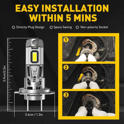 AUXITO 2x Canbus H7 LED Bulb 22000LM 120W Error Free 1:1 Mini Size Head Lamp Wireless Super Bright 6500K White H7 Headlight