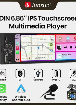 Junsun 6.86 Inch Universal 1 Din Car Stereo Radio MP5 Player Wireless Carplay Android Auto BT SWC FM USB Type-C Plug Autoradio