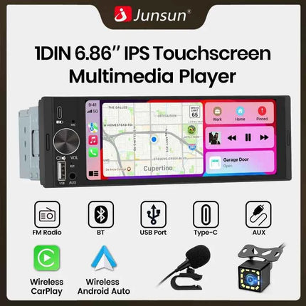 Junsun 6.86 Inch Universal 1 Din Car Stereo Radio MP5 Player Wireless Carplay Android Auto BT SWC FM USB Type-C Plug Autoradio
