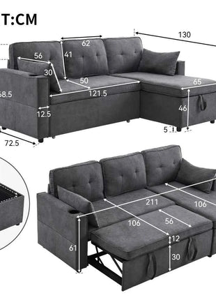 L-shaped Upholstered Sofa Bed with Sleeping Function, with Storage Space and Beverage Holder, Left and Right Interchangeable