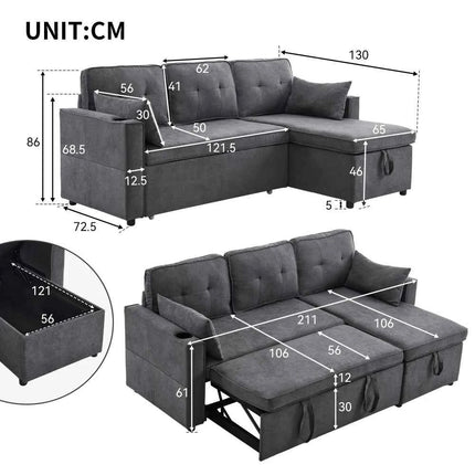 L-shaped Upholstered Sofa Bed with Sleeping Function, with Storage Space and Beverage Holder, Left and Right Interchangeable