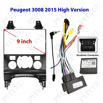 Kit di montaggio telaio pannello radio Android da 9" con decodificatore CAN Bus da 16 pin a cablaggio Quadlock per Peugeot 3008 2009-2015