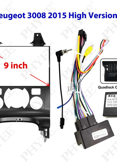 Kit di montaggio telaio pannello radio Android da 9" con decodificatore CAN Bus da 16 pin a cablaggio Quadlock per Peugeot 3008 2009-2015