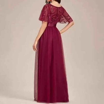 European and American Wine Red Evening Gown with Round Neck Flared Sleeves and Mesh Long Dress for Wedding 2026new Wedding Dress
