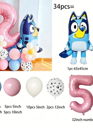 Set di Palloncini per il 2° Compleanno di Bluey, Palloncino in Foil Numero 2 Rosa, Decorazioni per Feste con Cane Blu, Fiori e Zampe, Kit per Sfondo Fotografico per Bambini