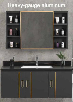 Bathroom Vanity Cabinet Set with Integrated Ceramic Sink Drain Accessories Wall Mounted Aluminum Storage Cabinet Mirror Combo