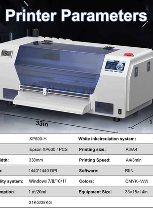 A3 Plus XP600 DTF Printer,Direct to Film,2X-Speed Compared to L1800,5" LED Multi-Function Display,Film Cutter,For Small Business