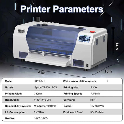 A3 Plus XP600 DTF Printer,Direct to Film,2X-Speed Compared to L1800,5" LED Multi-Function Display,Film Cutter,For Small Business