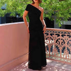 Casual Asymmetrical Dress Summer Slanted Collar High Waist Pleats Long Dress Lady Elegant One Shoulder Sleeve Slim Banquet Dress