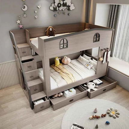 Bunk bed kids with Drawer storage loft double bed Climbing stairs full frames Queen Wooden literas de 2 camas bedroom furniture