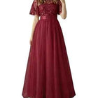 European and American Wine Red Evening Gown with Round Neck Flared Sleeves and Mesh Long Dress for Wedding 2026new Wedding Dress