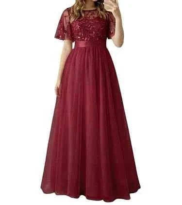 European and American Wine Red Evening Gown with Round Neck Flared Sleeves and Mesh Long Dress for Wedding 2026new Wedding Dress