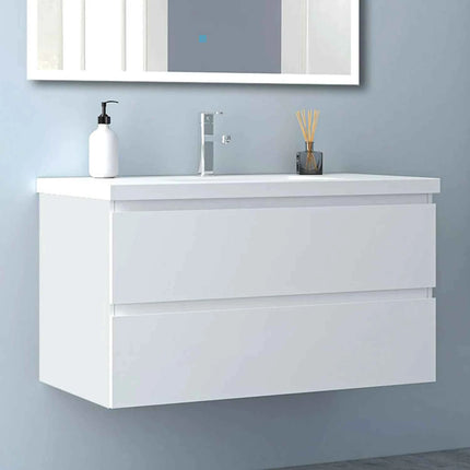 Hanging Bathroom Cabinet With Wash Basin, Width 99x44.5x52 cm, With 2 Drawers, Modern Style Bathroom Cabinet With Cushioned Closure Function, Matte White.