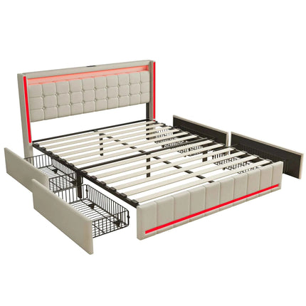 Comanlai 160×200cm Youth Bed, Adult Bed, Upholstered Double Bed, with LED and USB 4 Drawers, Headboard with Storage Space Linen
