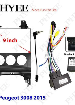 Kit di montaggio telaio pannello radio Android da 9" con decodificatore CAN Bus da 16 pin a cablaggio Quadlock per Peugeot 3008 2009-2015