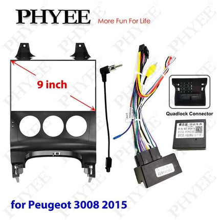 Kit di montaggio telaio pannello radio Android da 9" con decodificatore CAN Bus da 16 pin a cablaggio Quadlock per Peugeot 3008 2009-2015