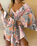 Women's Sexy V-Neck Batwing Sleeve Ruffle Floral Print Bohemian Beach Dress Summer Women's Loose Mini Dresses for Summer Vacation