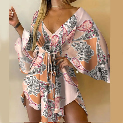 Abito da donna con stampa sexy scollo a V manica a pipistrello con volant fiori stampa Bohemian Beach vestito estivo da donna mini abiti larghi per le vacanze estive