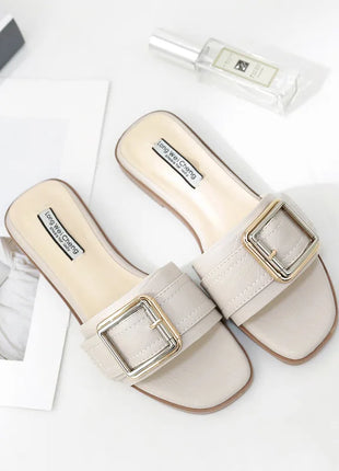 Pantofole piatte da donna estate in pelle punta quadrata donna appartamenti infradito Designer signore diapositive sandali scarpe da donna sandali di lusso